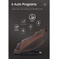 Brown and black zero gravity massage chair with 6 auto programs displayed on dark background, featuring Refresh, Relax, Yoga,