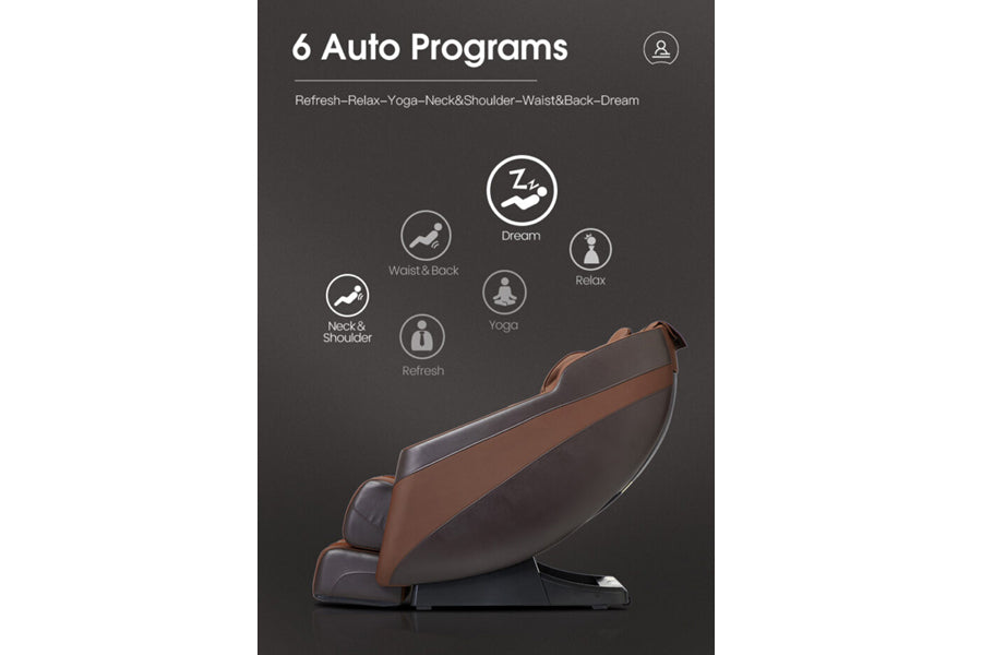 Brown and black zero gravity massage chair with 6 auto programs displayed on dark background, featuring Refresh, Relax, Yoga,