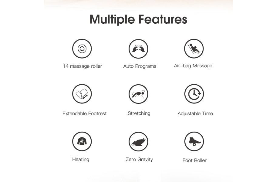 Nine feature icons for massage chair: 14 massage roller, auto programs, air-bag massage, extendable footrest, stretching, adj
