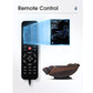 Black remote control with red power button projecting blue holographic display onto massage chair with brown leather upholste