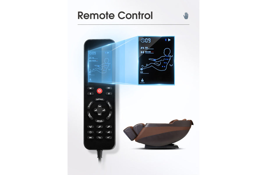 Black remote control with red power button projecting blue holographic display onto massage chair with brown leather upholste