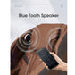 Brown leather massage chair with sound wave visualization, hand holding smartphone showing Bluetooth control interface