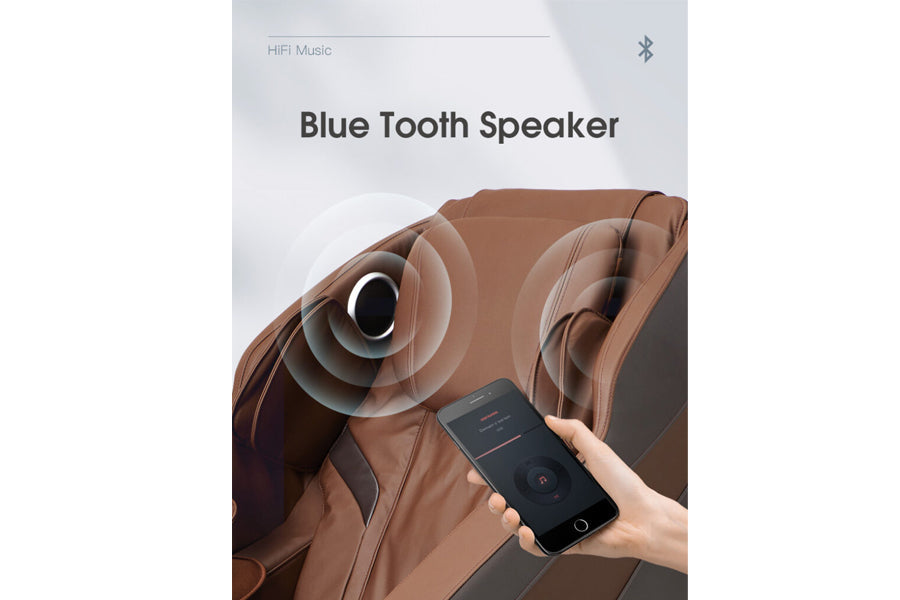 Brown leather massage chair with sound wave visualization, hand holding smartphone showing Bluetooth control interface