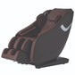 Brown and black full-body massage chair with 3D zero gravity design, white accent panel, and rolling base on white background