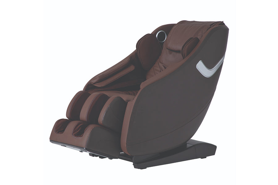 Brown and black full-body massage chair with 3D zero gravity design, white accent panel, and rolling base on white background