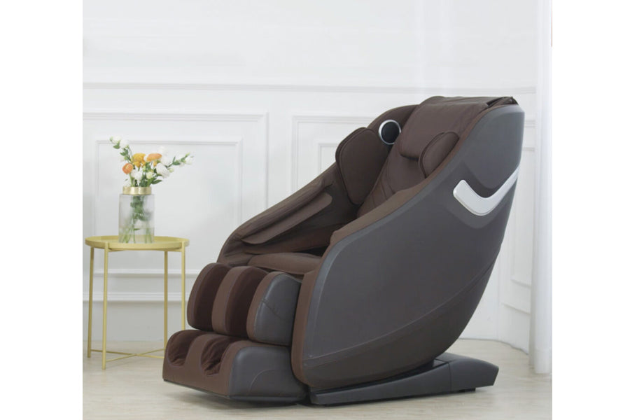 Lifesmart 3D zero gravity massage chair with brown and gray upholstery, shown in living room setting next to gold side table 