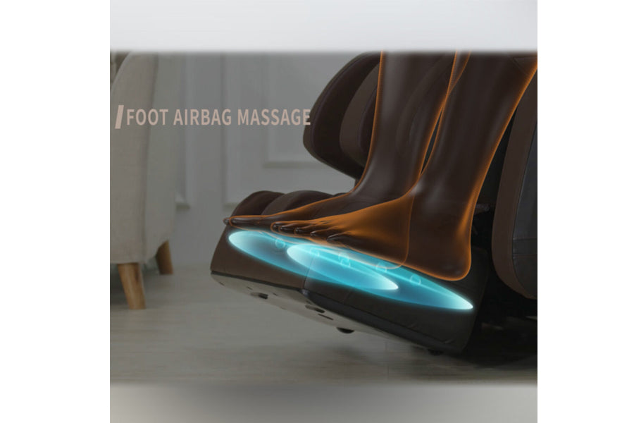 Brown leather massage chair with orange trim and illuminated blue foot airbag massage section, shown in zero gravity recline 