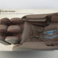Brown leather massage chair with full body support, padded rollers, and blue heating pads visible on footrest, shown from ove