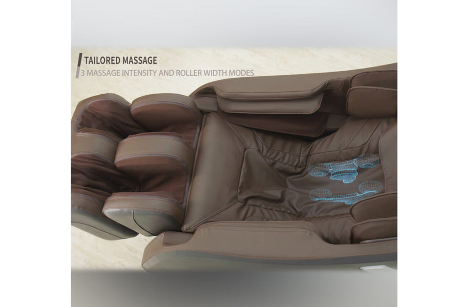 Brown leather massage chair with full body support, padded rollers, and blue heating pads visible on footrest, shown from ove