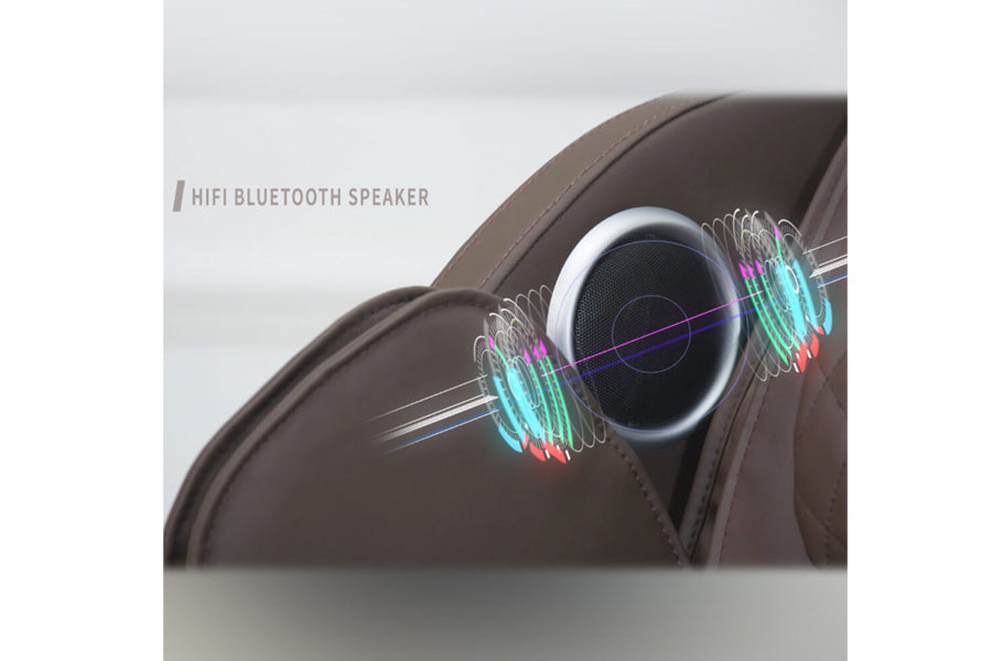 Brown leather massage chair with white and black speaker ring and colorful sound wave graphic overlay
