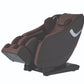 Brown and black full-body massage chair with zero gravity recline, footrest extension, and built-in speakers on white backgro