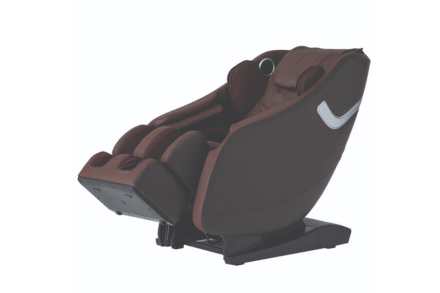 Brown and black full-body massage chair with zero gravity recline, footrest extension, and built-in speakers on white backgro