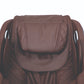 Brown leather massage chair headrest with quilted padding and chrome handles, front view on white background
