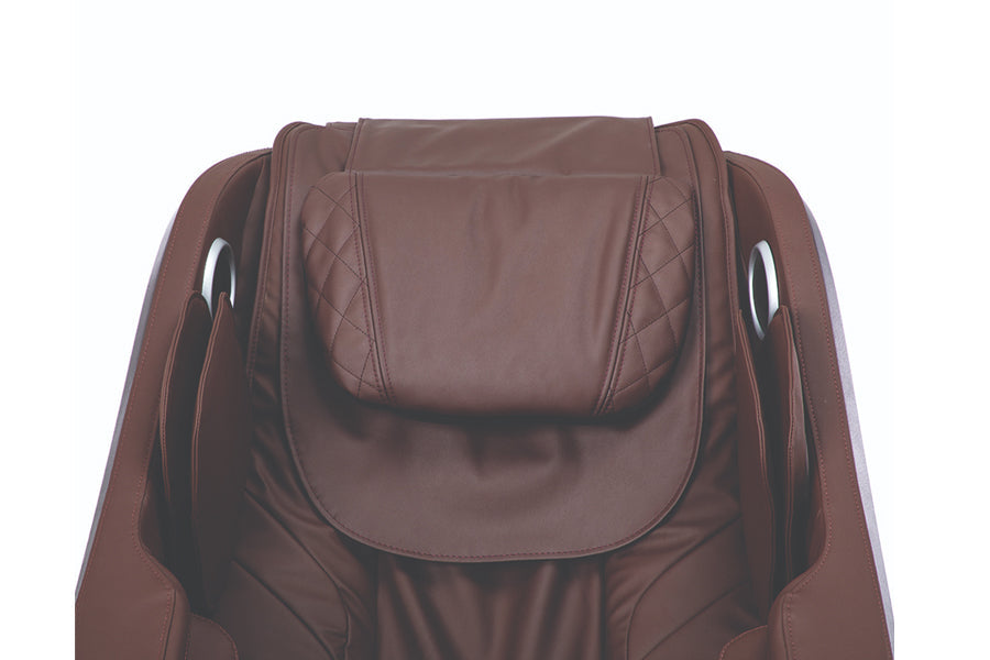 Brown leather massage chair headrest with quilted padding and chrome handles, front view on white background