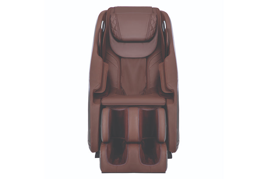 Brown leather massage chair with 3D zero gravity recline, full body scan technology, and padded armrests, front view on white
