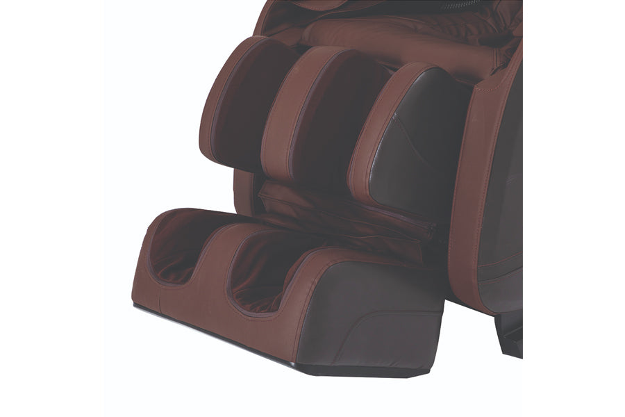 Brown and black leather massage chair with full body scan technology, foot massage section, and 3D zero gravity design on whi