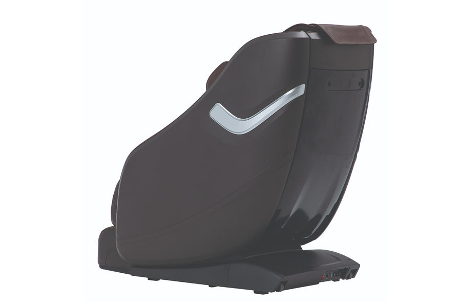 Black leather massage chair with white accent stripe and brown headrest, isolated on white background