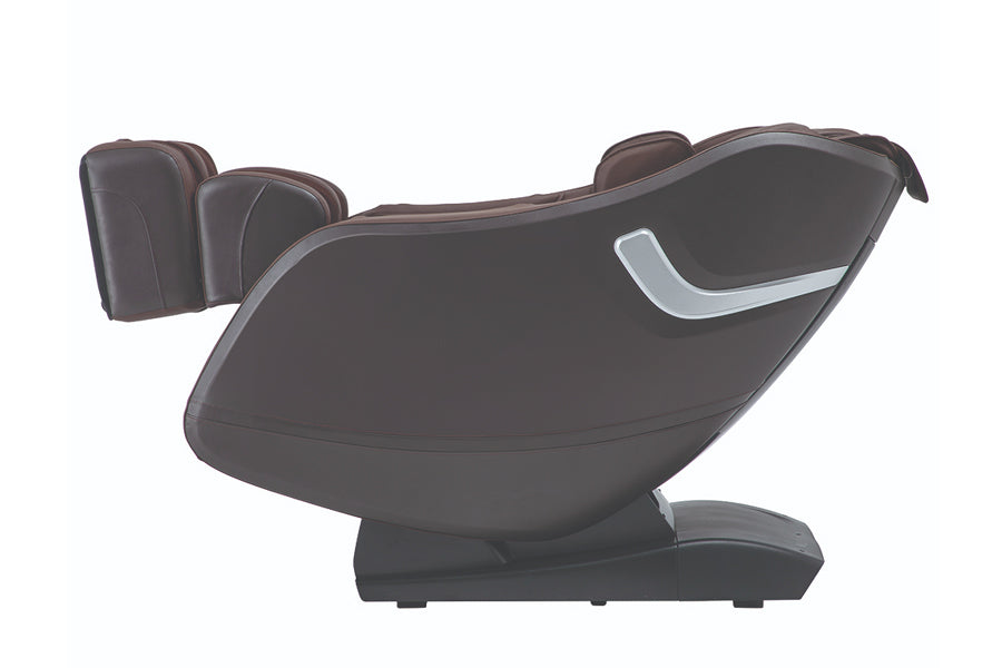 Black leather zero gravity massage chair with leg rest extended, silver accents, and brown armrests on white background