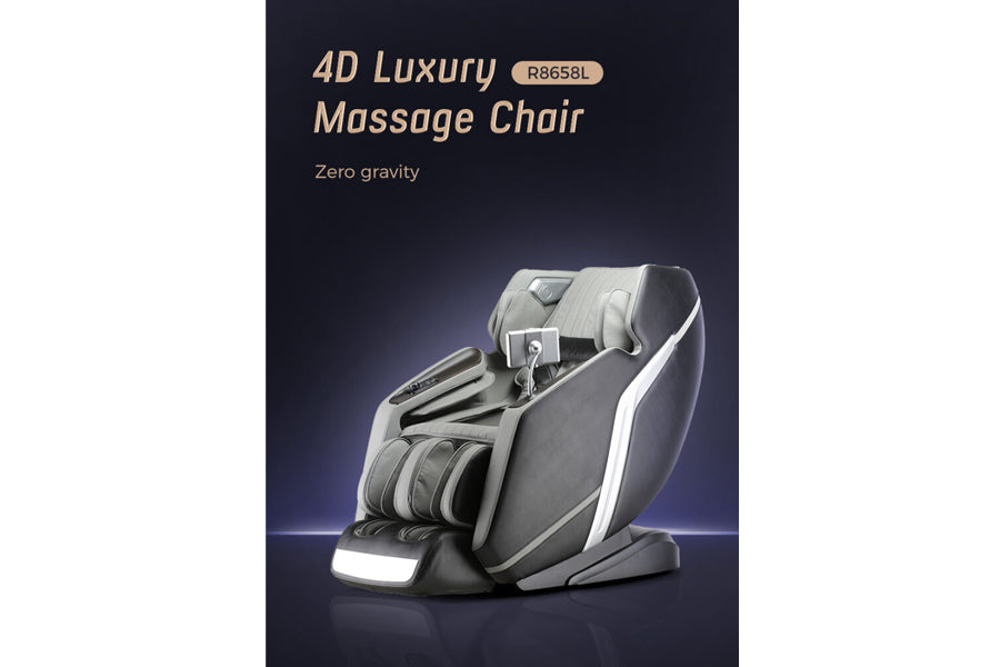 4D Luxury Massage Chair model R8658L in gray and white with zero gravity recline on dark background
