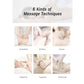 Educational infographic showing six massage techniques: kneading, shiatsu, guasa, clapping, tapping, and knocking demonstrate