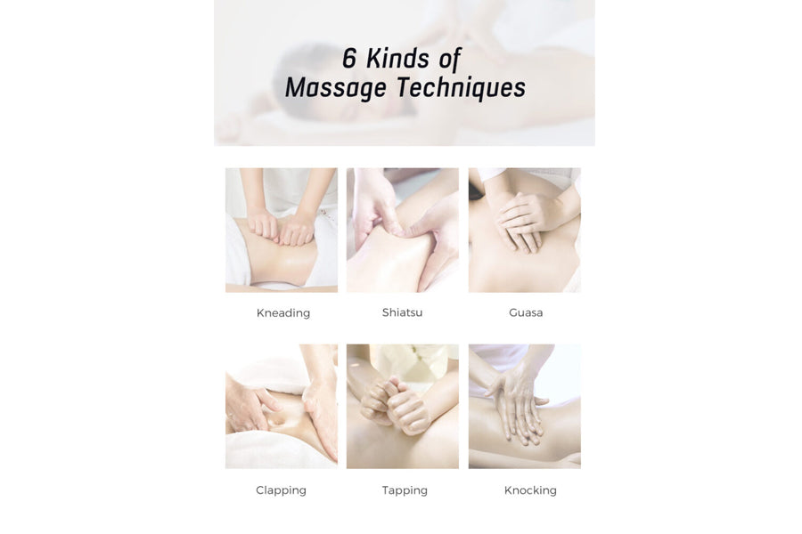 Educational infographic showing six massage techniques: kneading, shiatsu, guasa, clapping, tapping, and knocking demonstrate
