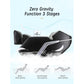 Black and silver zero gravity massage chair with three recline stages shown below: basic, comfortable, and depth positions
