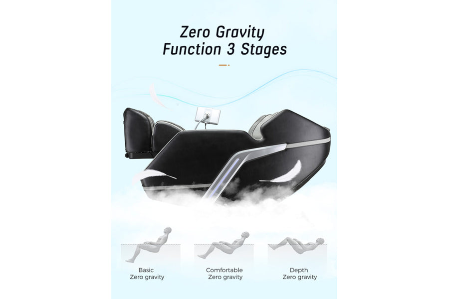 Black and silver zero gravity massage chair with three recline stages shown below: basic, comfortable, and depth positions