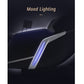 Black zero gravity massage chair with blue neon accent lighting on armrest and control pad, shown against dark background