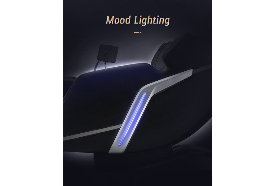 Black zero gravity massage chair with blue neon accent lighting on armrest and control pad, shown against dark background