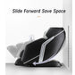 Black and gray zero gravity massage chair with slide forward space-saving design, shown in profile view on white background