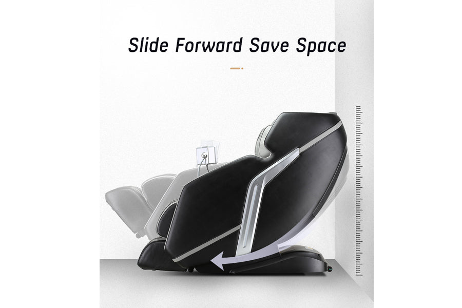 Black and gray zero gravity massage chair with slide forward space-saving design, shown in profile view on white background