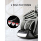 Black and gray full-body massage chair with 3 rows foot rollers diagram showing heat therapy on foot, white interior backgrou