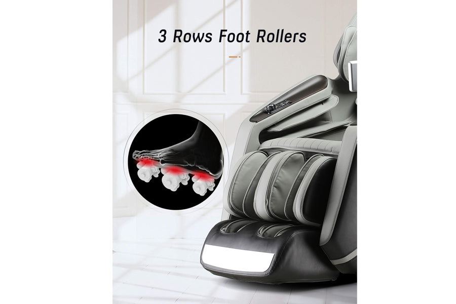 Black and gray full-body massage chair with 3 rows foot rollers diagram showing heat therapy on foot, white interior backgrou