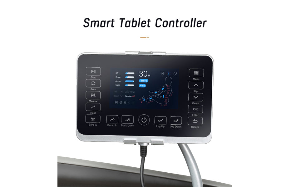 Black smart tablet controller with blue LED display showing body massage zones and 30-minute timer, mounted on white stand