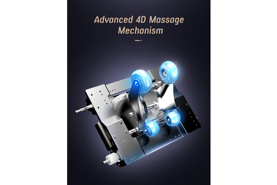 Advanced 4D massage mechanism with illuminated blue roller heads and metal base on dark background