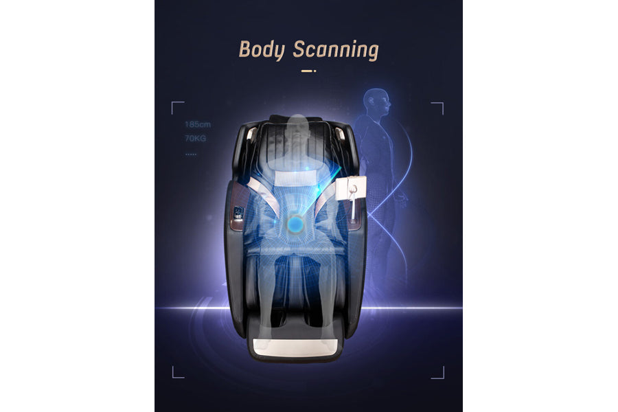 Black and white massage chair with body scanning technology display, showing blue holographic human figure overlay on dark ba
