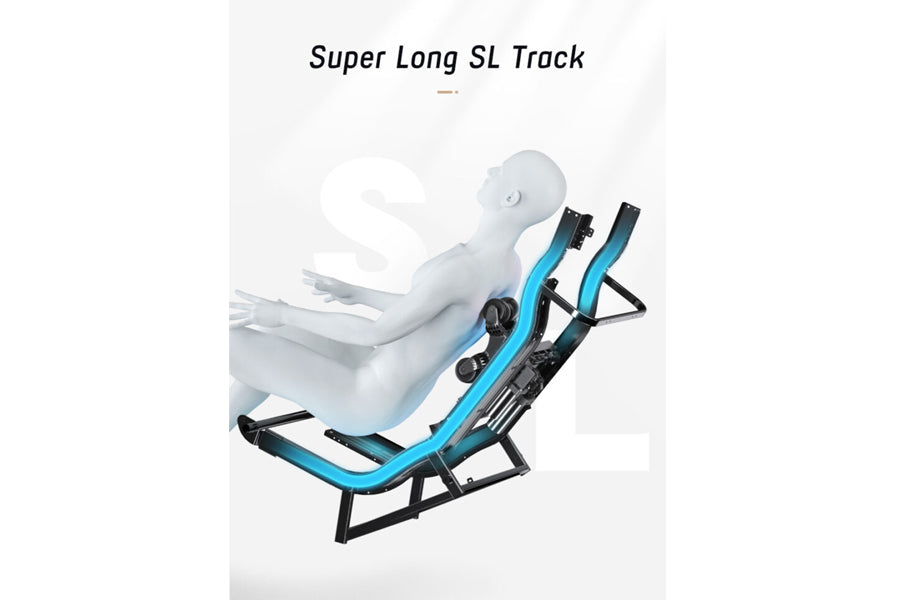 White and blue zero gravity massage chair with black frame, displayed with mannequin demonstrating reclined position