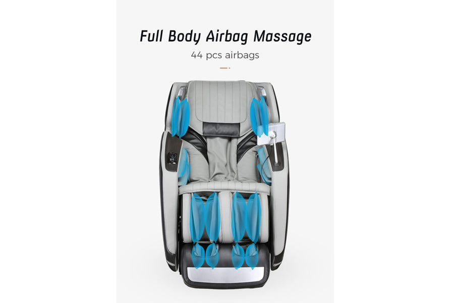 Full body airbag massage chair with 44 blue and black airbags, gray upholstery, black frame, overhead view on white backgroun