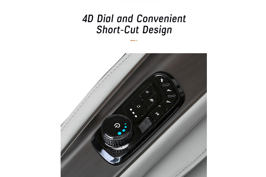 Black 4D dial and control panel with blue illuminated indicators on massage chair armrest, gray upholstery visible