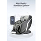 Black and gray zero gravity massage chair with white accents, connected via Bluetooth to smartphone displaying music app with