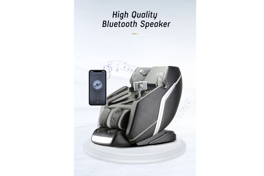 Black and gray zero gravity massage chair with white accents, connected via Bluetooth to smartphone displaying music app with