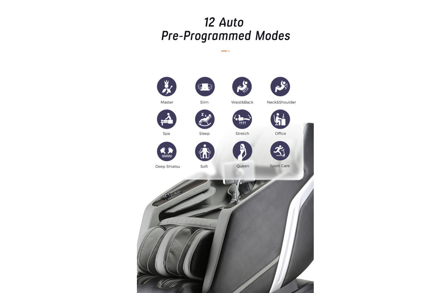 Black and gray 4D zero gravity massage chair with white accents, showing 12 auto pre-programmed massage modes including maste