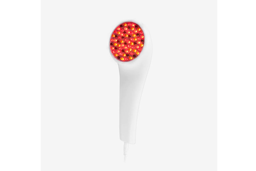 White handheld LED light therapy device with red and orange light panel at top, corded design on white background