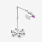 White rolling LED light therapy lamp with adjustable arm and purple light panel attachment on neutral background