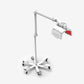 White adjustable LED light therapy lamp with articulating arm, red filter panel, and wheeled base on white background