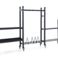 Black metal weight storage rack system with multiple shelves and built-in barbell holders, mounted on locking caster wheels