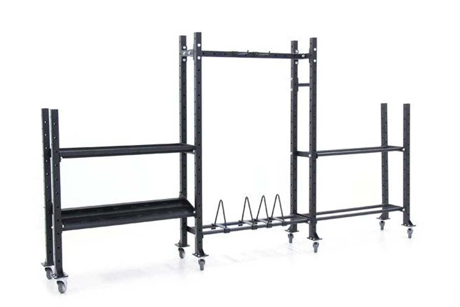 Black metal weight storage rack system with multiple shelves and built-in barbell holders, mounted on locking caster wheels