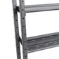 Gray metal storage rack with two vertical posts featuring adjustment holes and two horizontal shelves on white background