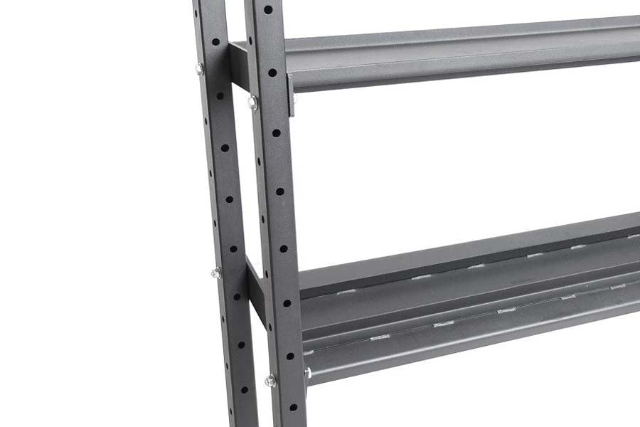 Gray metal storage rack with two vertical posts featuring adjustment holes and two horizontal shelves on white background