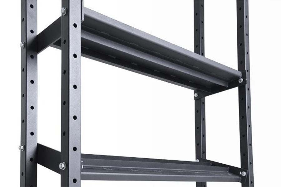 Black steel weight storage rack with gray steel frame, perforated upright posts, and adjustable shelves with bolt fasteners o